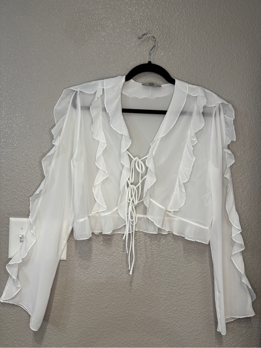 Steps New York Sheer White Ruffle Tie Front Crop Romantic Fairycore Blouse
